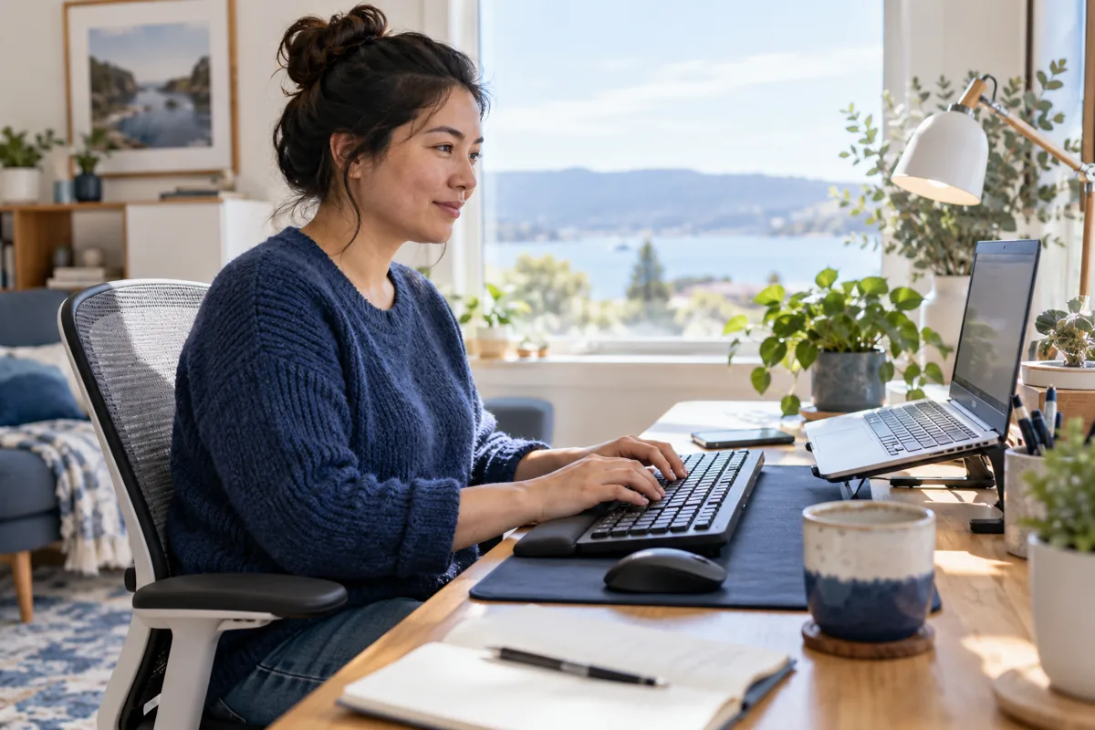 A person using a laptop keyboard at a desk