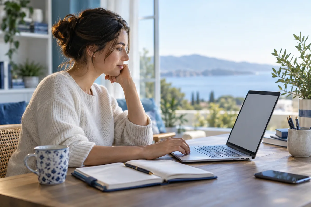 A person using a laptop at a personal workspace