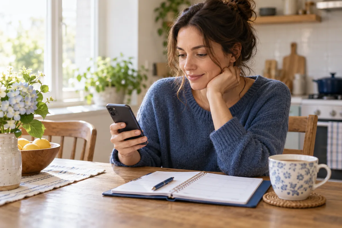 A person checking a phone beside a paper planner
