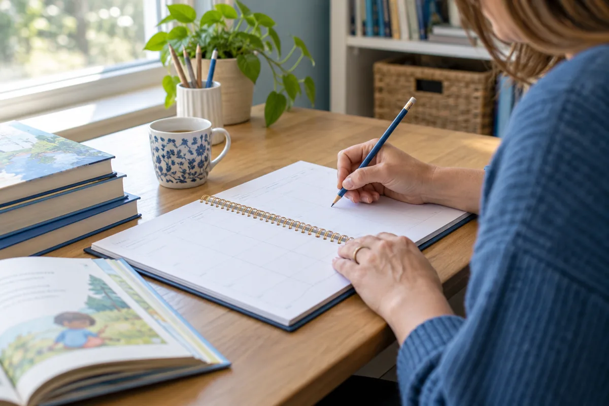 Hands preparing a personal planner beside reading materials