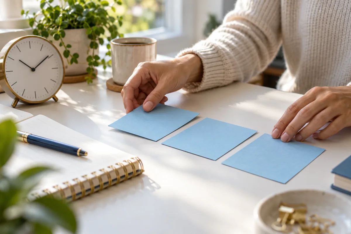 Hands arranging task cards beside a clock