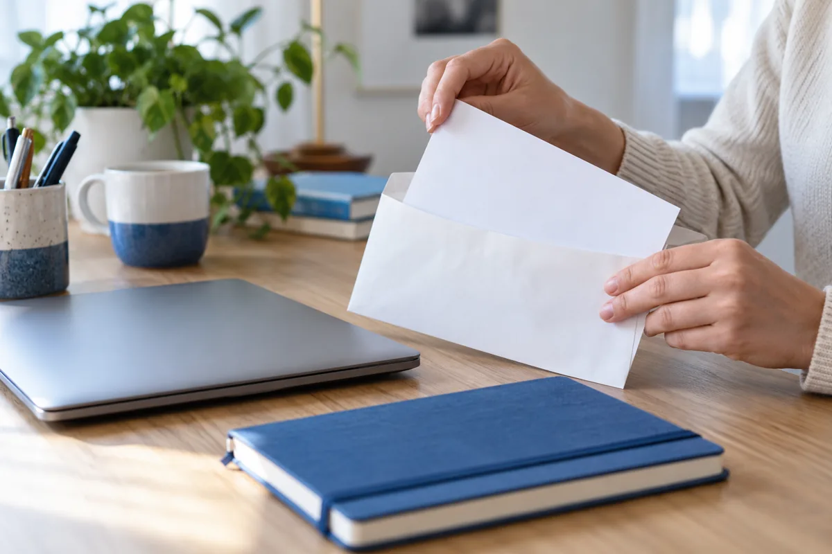 A document being placed in an envelope beside a closed notebook