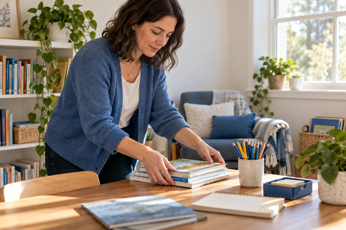 An educator arranging books for reading practice