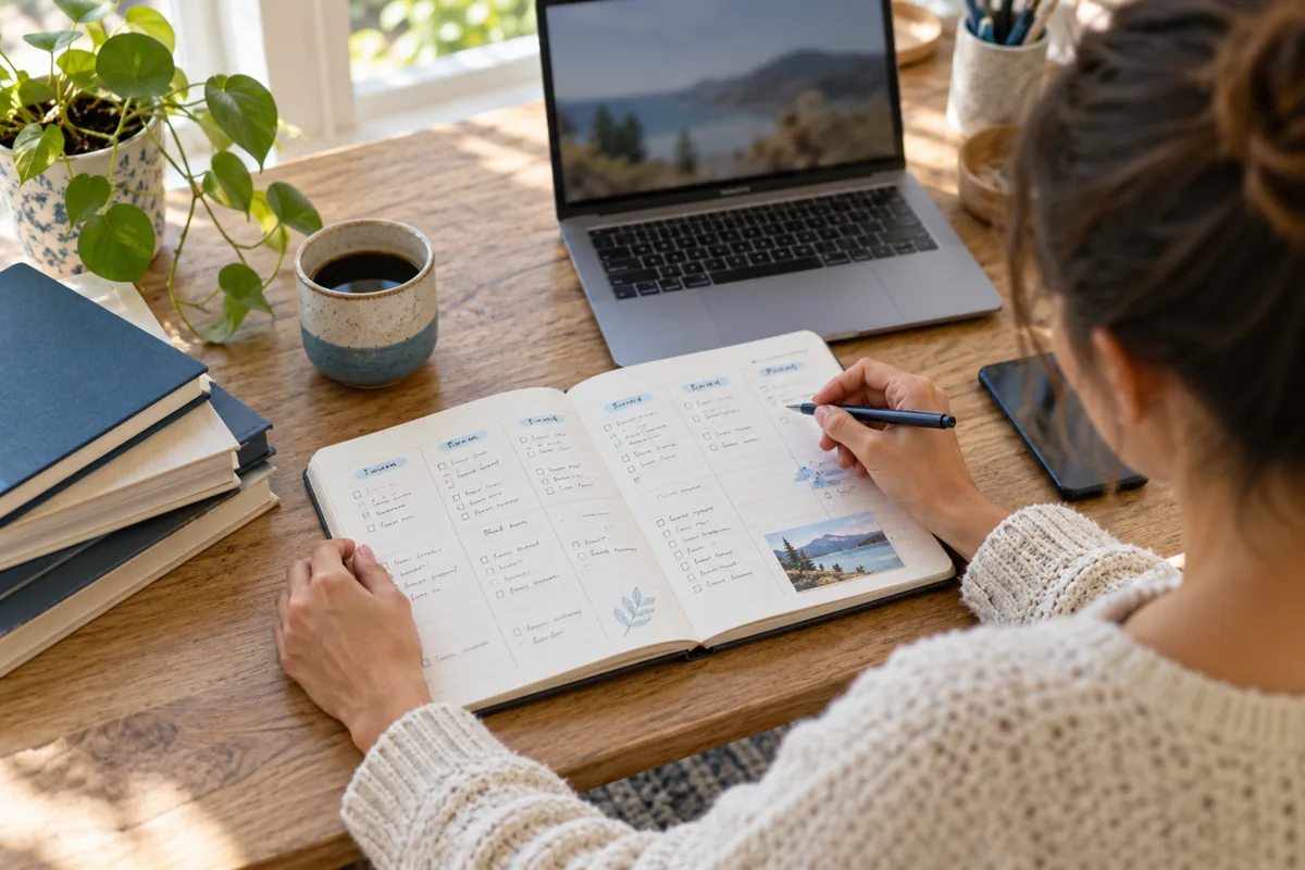 A weekly planner reviewed beside a laptop