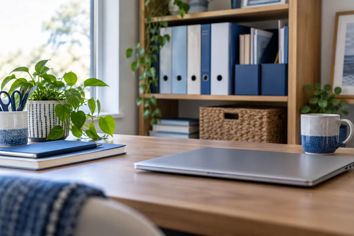 Organized folders and a closed laptop in a home office