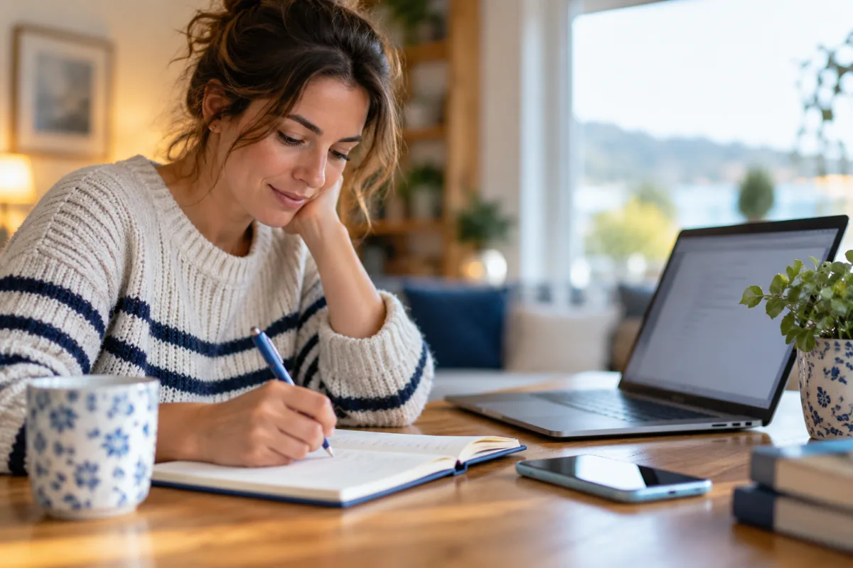 A person writing a help request beside a laptop