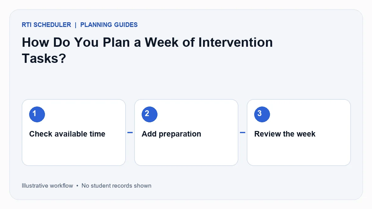 Planning diagram for weekly intervention task planning showing Check available time, Add preparation and Review the week.